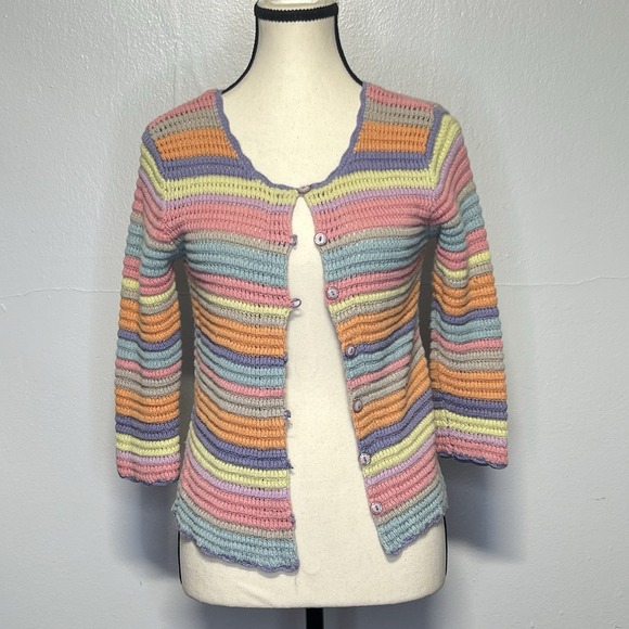 Real Comfort Multicolor Striped Knit 3/4 Sleeve Cardigan Sweater SZ S Rainbow - Picture 1 of 11